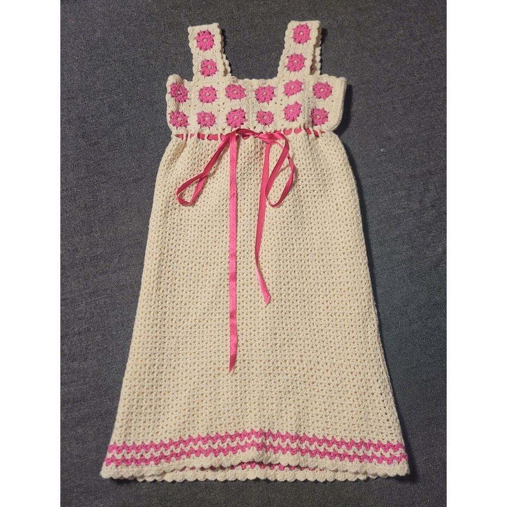 Vintage Hand Knit Girls Dress Crochet Cream Pink 10-12 Or Womens‎ XXS